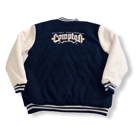 Stay Rich Stay Ruthless Letterman Jacket (Navy)