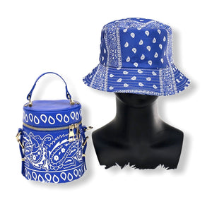 Paisley Print Hat & Tube Purse Set Blue